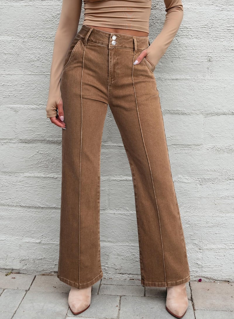 Sidefeel Womens Wide Leg Jeans Casual Baggy High Waisted Stretch Denim Pants Size 12 Brown - Image 3