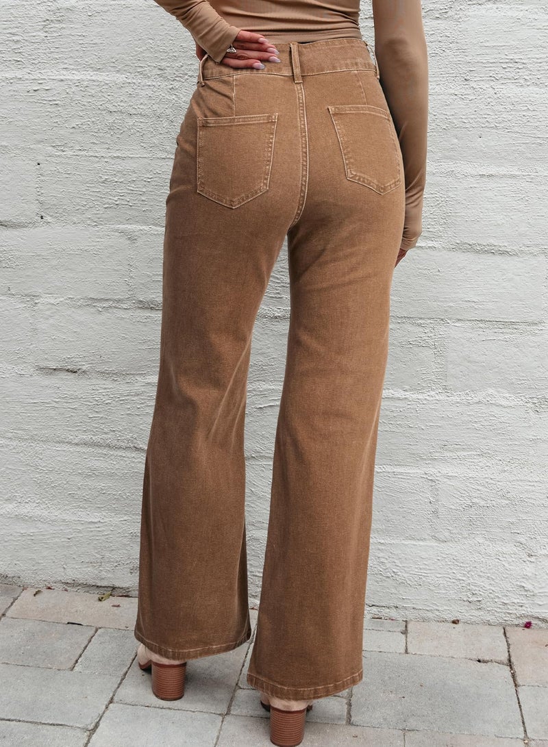 Sidefeel Womens Wide Leg Jeans Casual Baggy High Waisted Stretch Denim Pants Size 12 Brown - Image 4