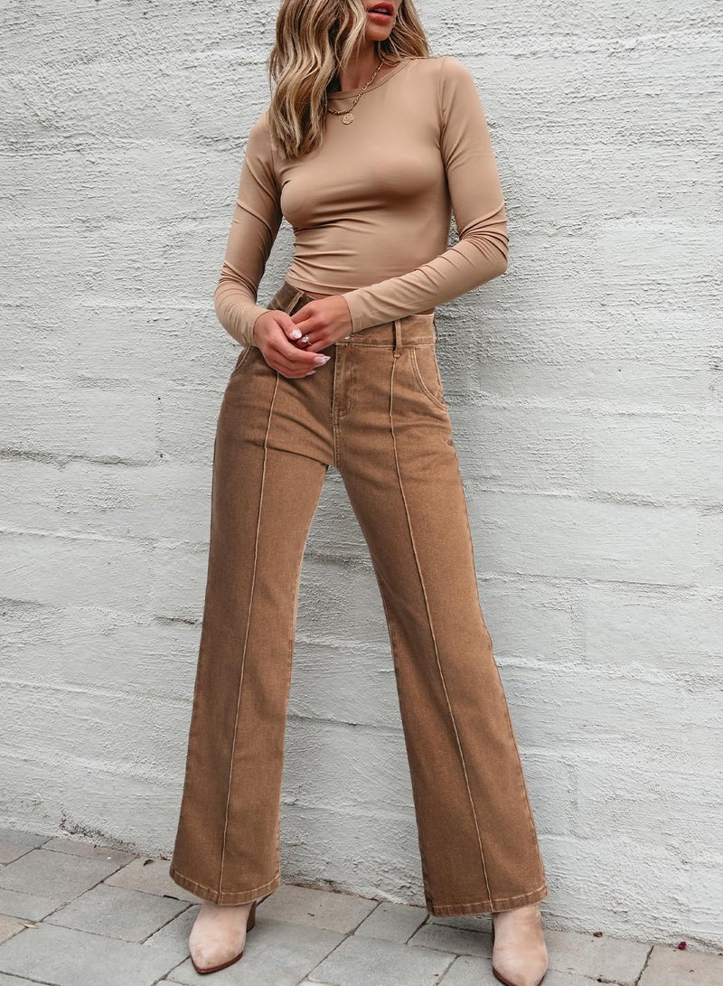 Sidefeel Womens Wide Leg Jeans Casual Baggy High Waisted Stretch Denim Pants Size 12 Brown - Image 5