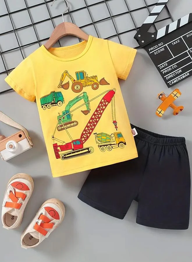 تايك تو Take Two Boys Yellow Vehicle Graphic T-Shirt and Shorts Set