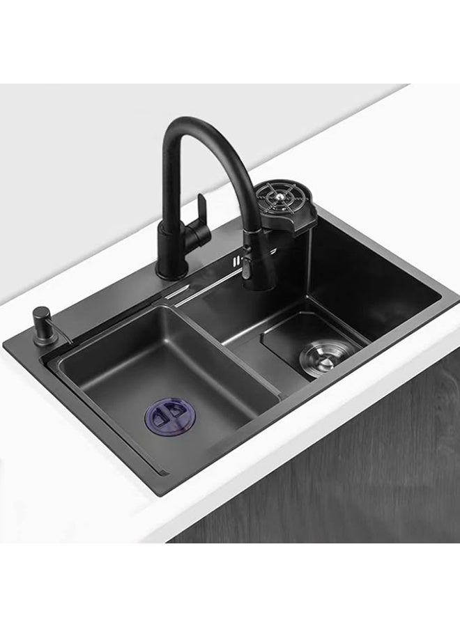 واي دي حوض مطبخ YD متعدد الوظائف مع صنبور قابل للسحب، حوض مطبخ مزدوج مع رف تجفيف، غسالة أكواب مدمجة، حوض مطبخ عصري مع ملحقات للمطبخ المنزلي - Image 1