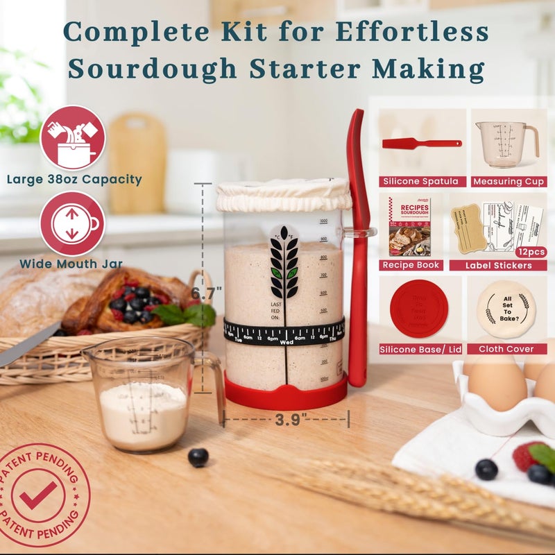 Ayerphalo Sourdough Starter Kit - 38oz with Cookbook, Measuring Cup, Spatula, Wide Mouth Jar Cover, Thermometer, Date Marked Feeding Band, Glass Jar for Baker, Bread Baking Supplies - Image 2