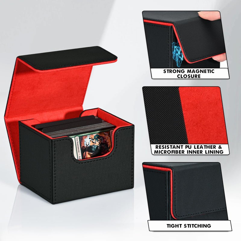 ZLCA Card Deck Box for Trading Cards, MTG Commander Deck Box Holds 120+ Single Sleeved Cards, Leather Magnetic Card Storage Box Fits for TCG CCG Magic Cards (Black& Red) - Image 5