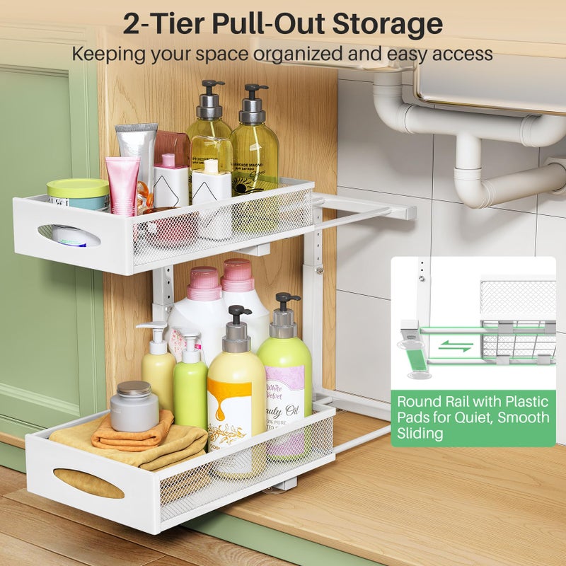 Kitstorack Under Sink Organizer, 2 Tier Pull out Cabinet Organizer Baskets with Mesh Sliding Drawers, Slide out Storage Shelf for Home, Kitchen, Bathroom, Pantry, Office Cabinet(1 Pack, White) - Image 3