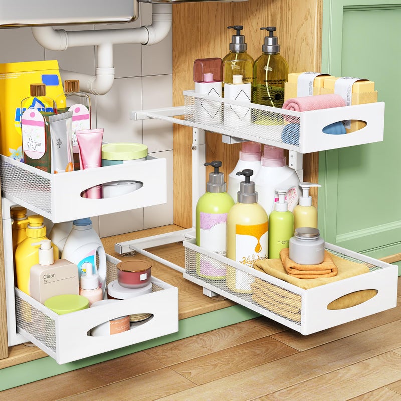 Kitstorack Under Sink Organizer, 2 Tier Pull out Cabinet Organizer Baskets with Mesh Sliding Drawers, Slide out Storage Shelf for Home, Kitchen, Bathroom, Pantry, Office Cabinet(1 Pack, White) - Image 1