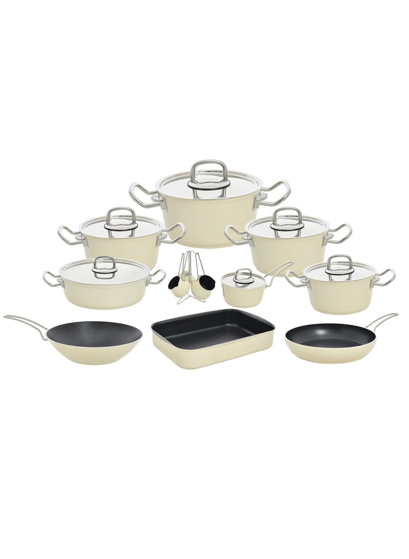lines 19 Piece Lines Turkish Granite Cookware Set – Pots 18/20/24/28 CM + Fry Pan 26 CM + Wok 28 CM + Saucepan 16 CM + 34.5 CM Oven Tray + 4 Coffee Pots with Stand – Stainless Steel Lid – 7 Colors, cream color - Image 1