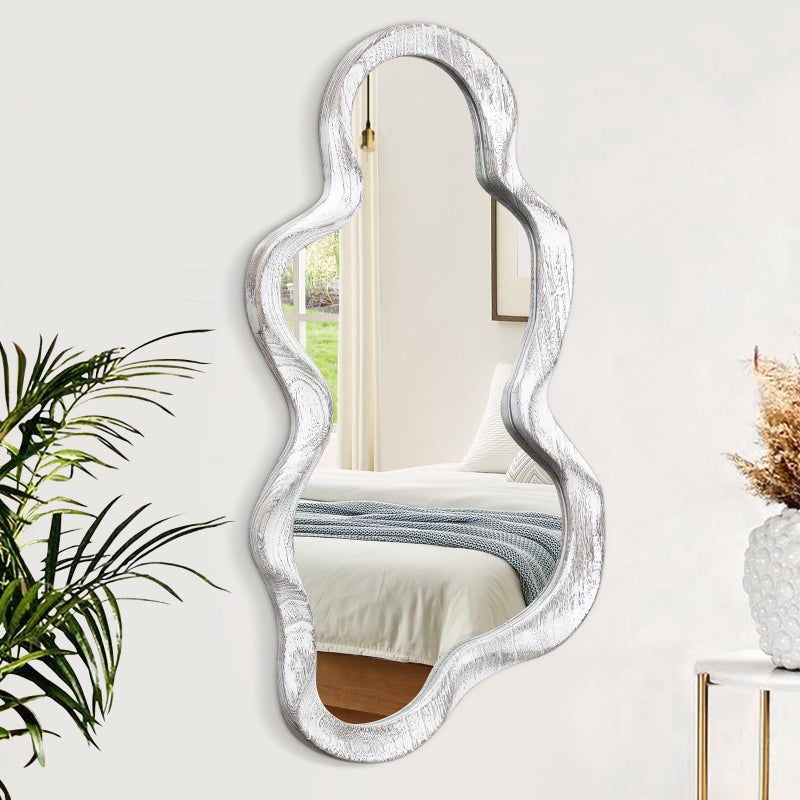 Lzuso Asymmetrical Cloud Wavy Mirror - Large Irregular Wall Mirror with Modern Wood Frame - Decorative for Bedroom, Living Room, Bathroom, Entryway - White - Image 1