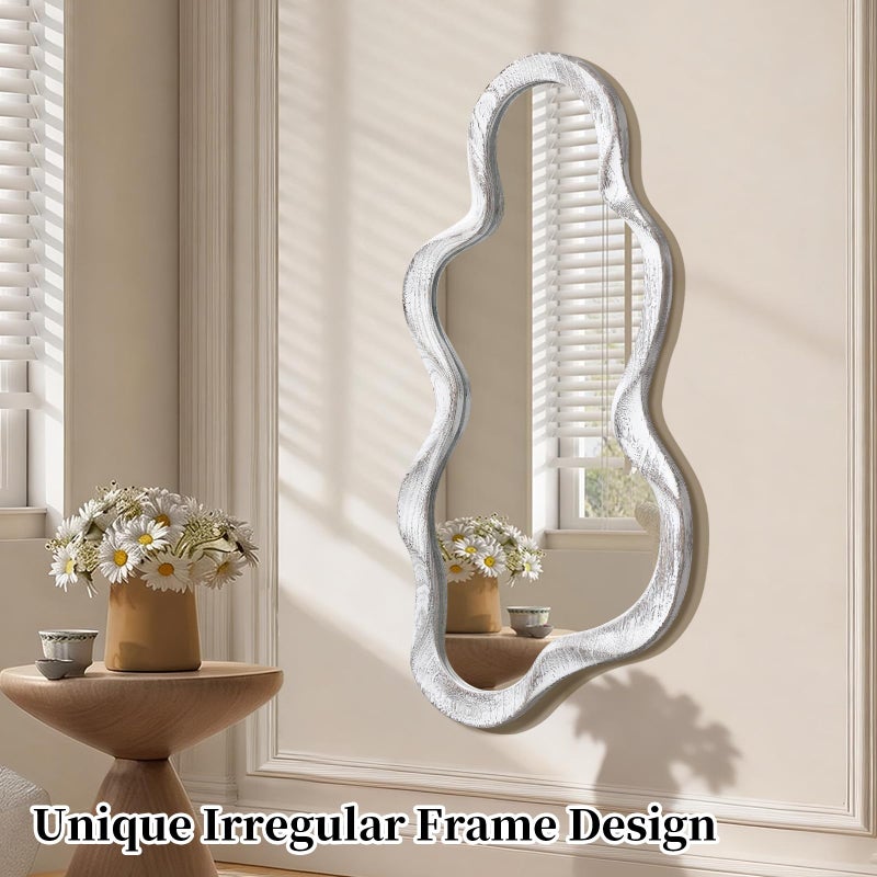 Lzuso Asymmetrical Cloud Wavy Mirror - Large Irregular Wall Mirror with Modern Wood Frame - Decorative for Bedroom, Living Room, Bathroom, Entryway - White - Image 2
