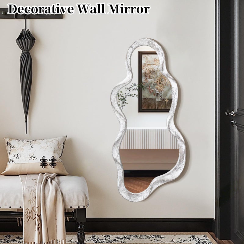 Lzuso Asymmetrical Cloud Wavy Mirror - Large Irregular Wall Mirror with Modern Wood Frame - Decorative for Bedroom, Living Room, Bathroom, Entryway - White - Image 3