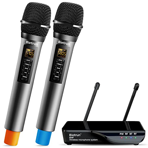 Bietrun Wireless Microphone with EchoTrebleBass UHF 160ft Range Dual UHF Cordless Dynamic Mic Handheld Microphone System for Home Karaoke Meeting Party WeddingReceiver with Bluetooth