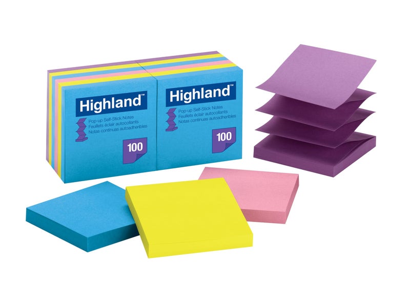 Highland Pop-up Sticky Notes, 3 x 3 Inches, Assorted Bright Colors, 12 Pack (6549-PUB) - Image 1