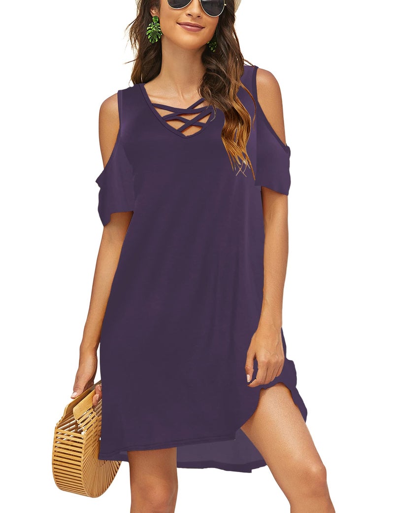 Bluetime Women Cold Shoulder Criss Cross Neckline Short Sleeve Casual Tunic Top Dress (XL, Purple) - Image 1