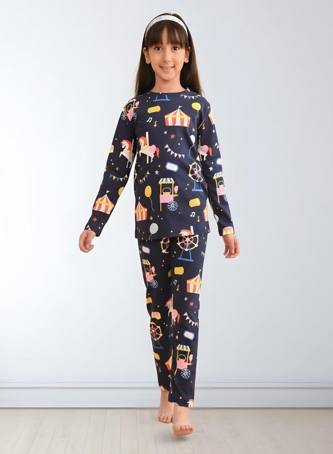 ANTHRILO Pure Cotton Printed Pyjama Set for Girls | Regular Wear | Carnival Circus Long Sleeves Pyjama Set - Blue 2-3 Years - Image 2