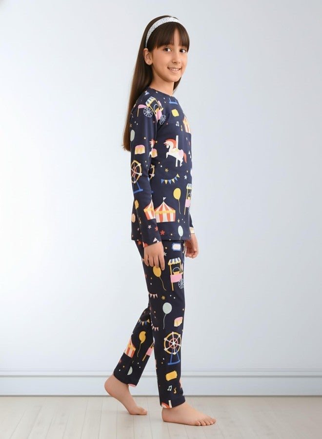 ANTHRILO Pure Cotton Printed Pyjama Set for Girls | Regular Wear | Carnival Circus Long Sleeves Pyjama Set - Blue 2-3 Years - Image 3