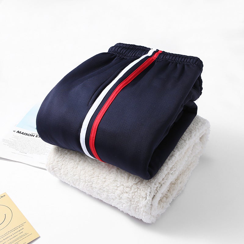White And Red Bar Pants Winter High School Boys And Girls Two Bars Blue Primary School Students Junior High School Plus Velvet Padded Two Bars School Pants - Image 3