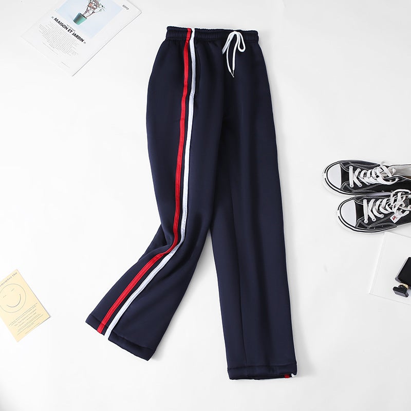 White And Red Bar Pants Winter High School Boys And Girls Two Bars Blue Primary School Students Junior High School Plus Velvet Padded Two Bars School Pants - Image 5