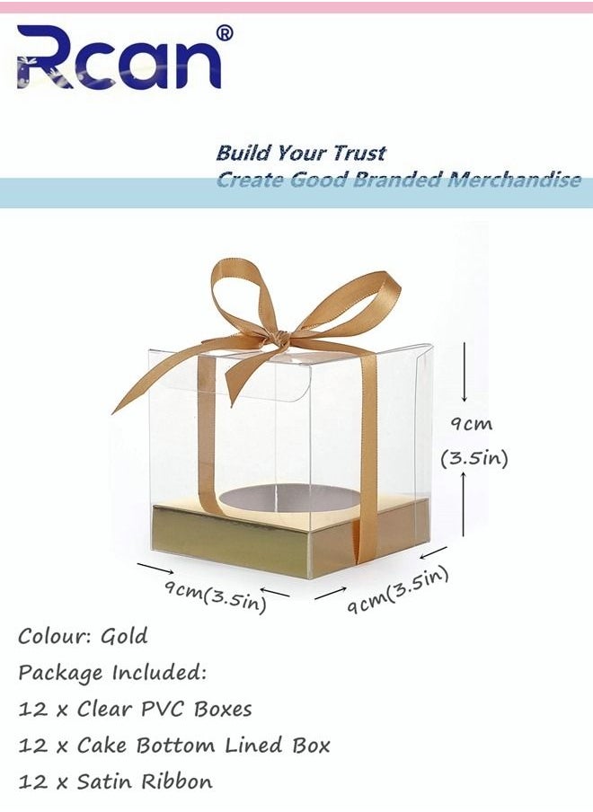 Rcan 12 Pcs Set PVC Clear Cupcake Containers Box West Point Baking Plastic Transparent Gift Box with Film Wedding Favor Gift Box with Ribbon Twine Baby Shower Birthday Party Supplies, Gold  - Image 3