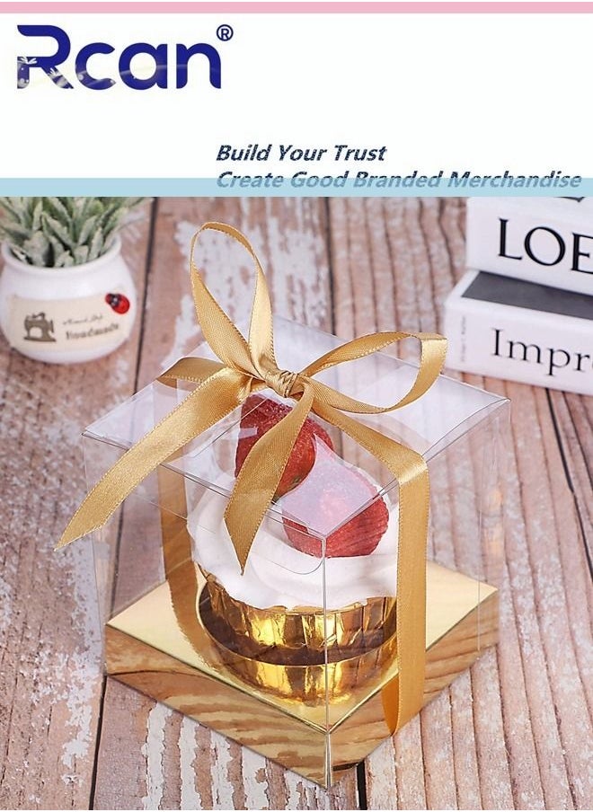 Rcan 12 Pcs Set PVC Clear Cupcake Containers Box West Point Baking Plastic Transparent Gift Box with Film Wedding Favor Gift Box with Ribbon Twine Baby Shower Birthday Party Supplies, Gold  - Image 2