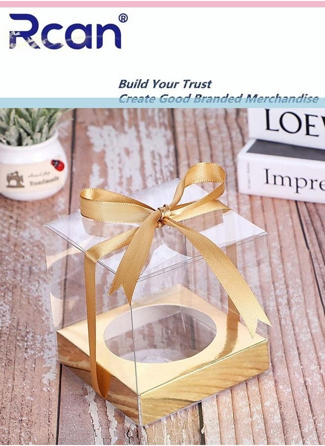 Rcan 12 Pcs Set PVC Clear Cupcake Containers Box West Point Baking Plastic Transparent Gift Box with Film Wedding Favor Gift Box with Ribbon Twine Baby Shower Birthday Party Supplies, Gold  - Image 1