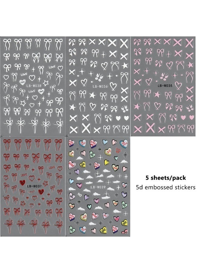 GlamKit 5Sheets 5D Embossed Bow Nail Stickers, Self-Adhesive Red, Pink, White Ribbon Nail Decals, Cute Heart Nail Charms, Y2K Pop Art for Nail Art, Easy to Use - Image 2
