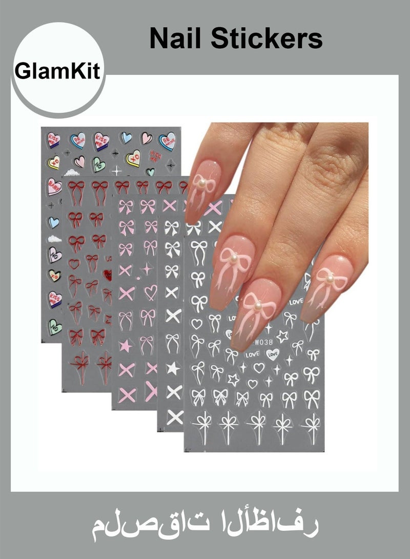 GlamKit 5Sheets 5D Embossed Bow Nail Stickers, Self-Adhesive Red, Pink, White Ribbon Nail Decals, Cute Heart Nail Charms, Y2K Pop Art for Nail Art, Easy to Use - Image 1