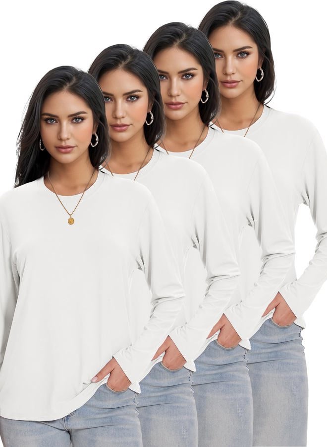 Kinglaman 1/4 Pack Womens Long Sleeve Shirts Tops Loose Fit Basic Crew Neck Tee T Shirts Ultra Soft Blouses Tops, 4 White, M - Image 1