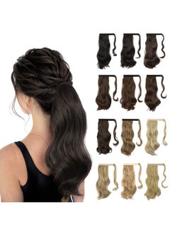 SOFEIYAN Curly Ponytail Extension 15 Inch Heat Resistant Synthetic Natural Wavy Hairpiece Wrap Around Pony Tail Hair Extensions for White Black Women Hair Piece, Dark Brown  - Image 1