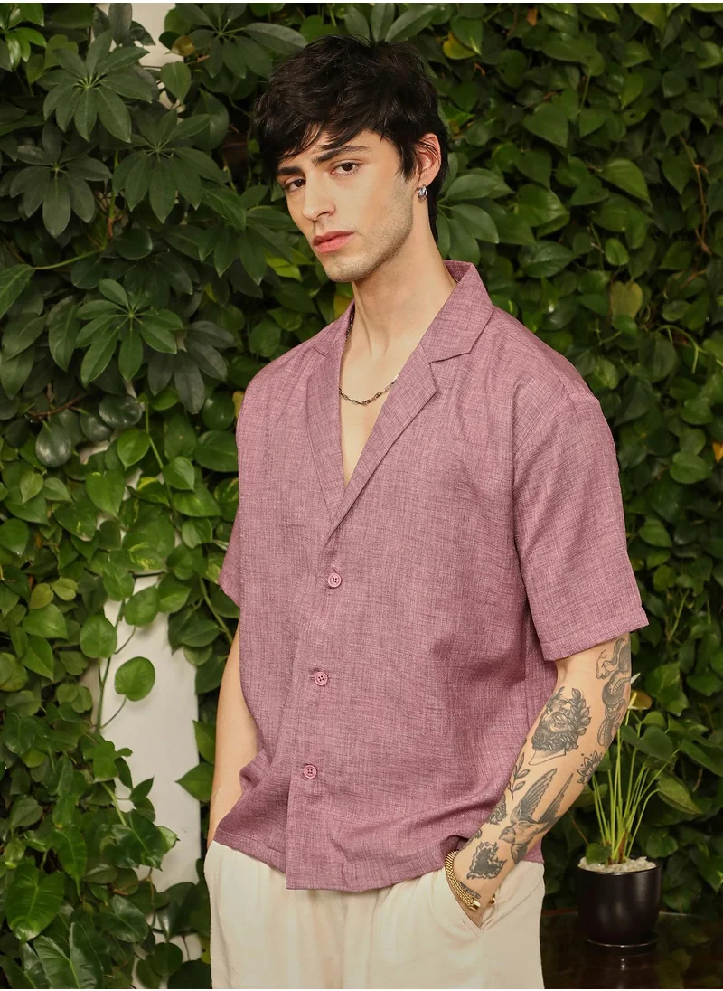 Campus Sutra Campus Sutra Men's Brick Red Heathered Korean Oversized Shirt For Casual Wear | Lapel Collar | Short Sleeve | Button Closure | Oversized Shirt Crafted With Comfort Fit For Everyday Wear