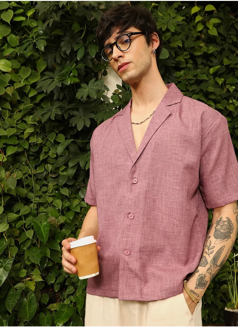 Campus Sutra Campus Sutra Men's Brick Red Heathered Korean Oversized Shirt For Casual Wear | Lapel Collar | Short Sleeve | Button Closure | Oversized Shirt Crafted With Comfort Fit For Everyday Wear