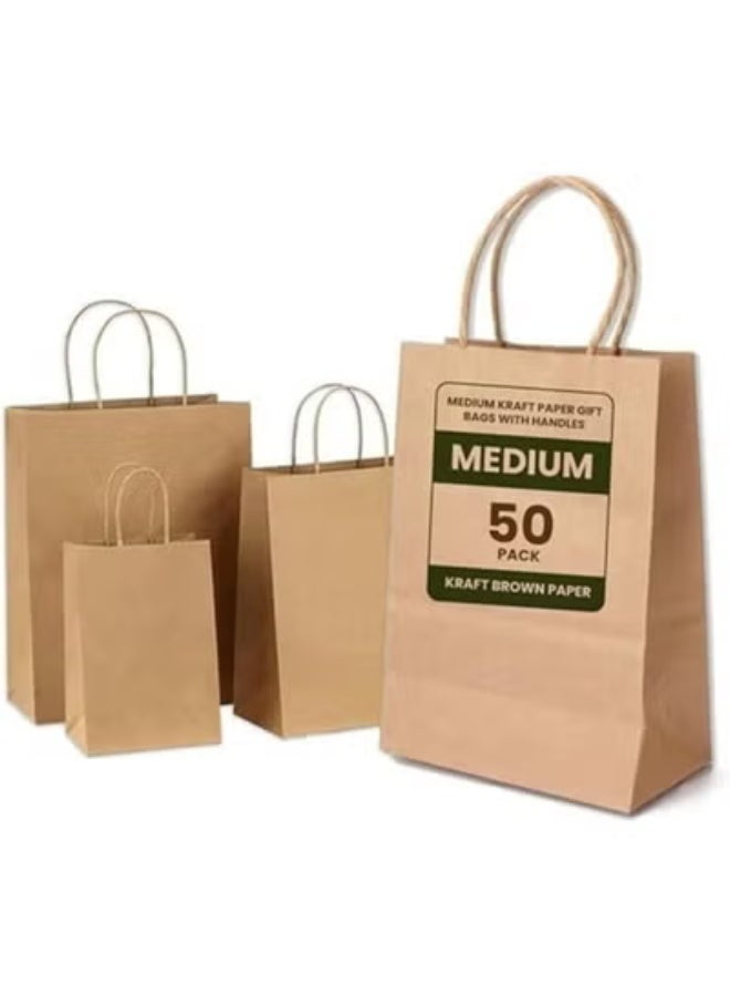 ecoway Kraft Paper Bags - Pack Of 50 Craft Medium Paper Grocery Bags With Handles For Shopping, Party, Birthday, Wedding Gift, Retail, Merchandies Ecofreindly Reusable Brown (28X15X28 Cm) - Image 1