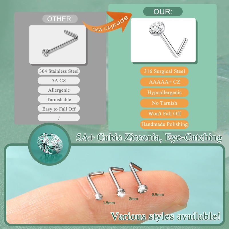 THUNARAZ 60-120pcs Stainless Steel Nose Studs Rings Piercing Pin Body Jewelry 20G-22G 1.5mm 2mm 2.5mm (H:60Pcs White CZ(1.5mm,2mm,2.5mm) 20G L Shaped) - Image 5