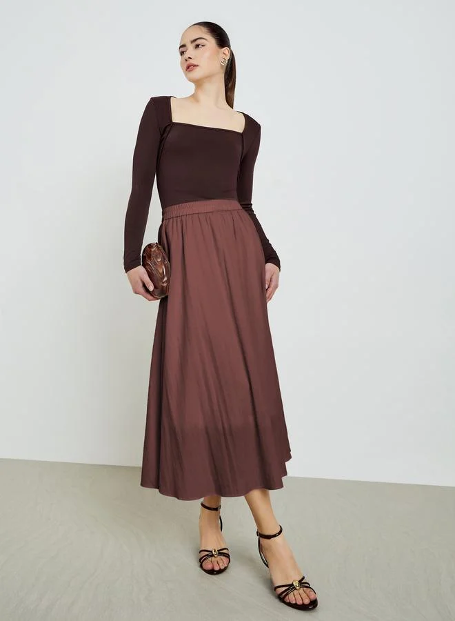 Styli Brown Square Neck Long Sleeve Knit Tops