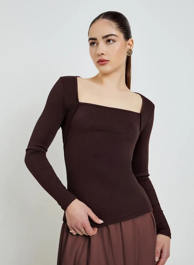 Styli  Brown Square Neck Long Sleeve Knit Tops for Women | Best Price UAE