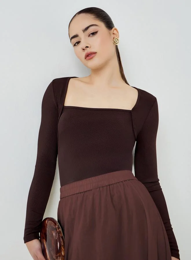 Styli Brown Square Neck Long Sleeve Knit Tops