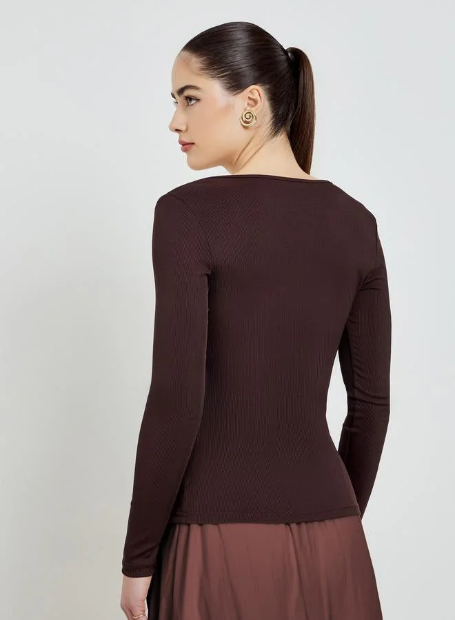 Styli  Brown Square Neck Long Sleeve Knit Tops for Women | Best Price UAE