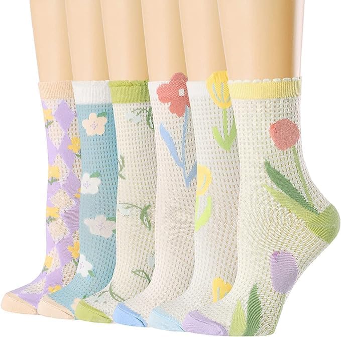 ChicAbode 6 Pairs Womens Crew Socks, Casual Cotton Socks, Novel Cute Fun Girl Quarter Dress Sock, Flower Aesthetics Socks, Tulip Floral Socks, for Women, Lady, Girls - Image 1