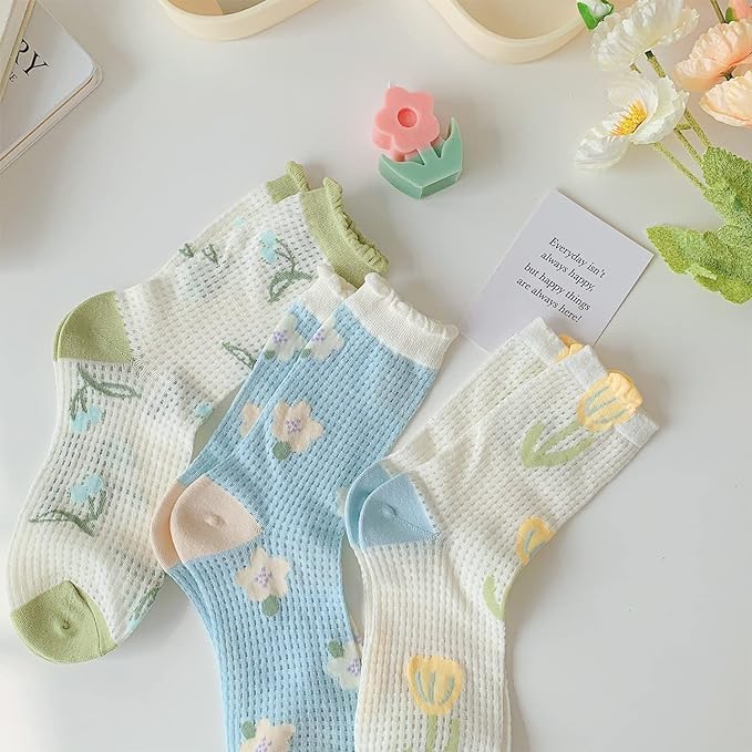 ChicAbode 6 Pairs Womens Crew Socks, Casual Cotton Socks, Novel Cute Fun Girl Quarter Dress Sock, Flower Aesthetics Socks, Tulip Floral Socks, for Women, Lady, Girls - Image 4