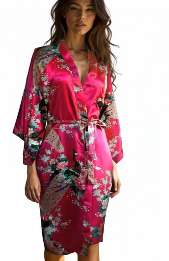 CCcollections Kimono robe long 16 colors PREMIUM Peacock bridesmaid bridal shower womens gift (Pink Fuschia) - Image 1
