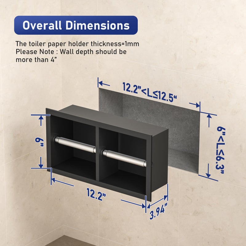 Bernkot Dual Roll Toilet Paper Holder, Recessed Toilet Tissue Holder for Bathroom Remodeling, 304 Stainless Steel Horizontal Toilet Paper Niche (Matte Black) - Image 4