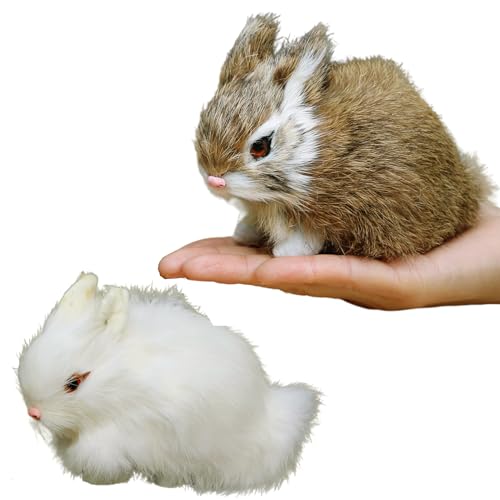 Basuo-9Q Basuo9Q Easter Bunny Plush Figurine 2 Piece Mini Realistic Rabbit Staffy for Spring Basket Home Decoration Photoshoot Prop Mantel Display Ideal GiftWhiteBrown - Image 1