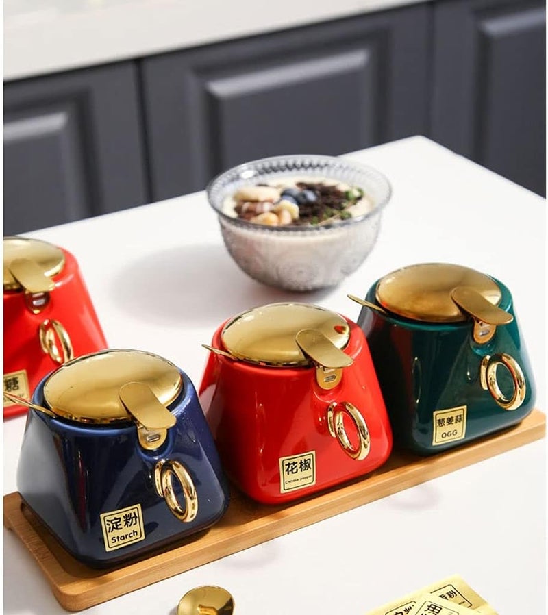 Spice Jars Ceramic Seasoning Box Kitchen Seasoning Container Seasoning Box Spoon with Lid Seasoning Jar Seasoning Storage Box Suitable for Peppers Spices Sugar 3 Pieces Seasoning Containers(Blue) - Image 3