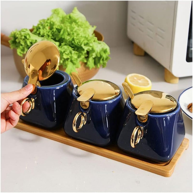 Spice Jars Ceramic Seasoning Box Kitchen Seasoning Container Seasoning Box Spoon with Lid Seasoning Jar Seasoning Storage Box Suitable for Peppers Spices Sugar 3 Pieces Seasoning Containers(Blue) - Image 1