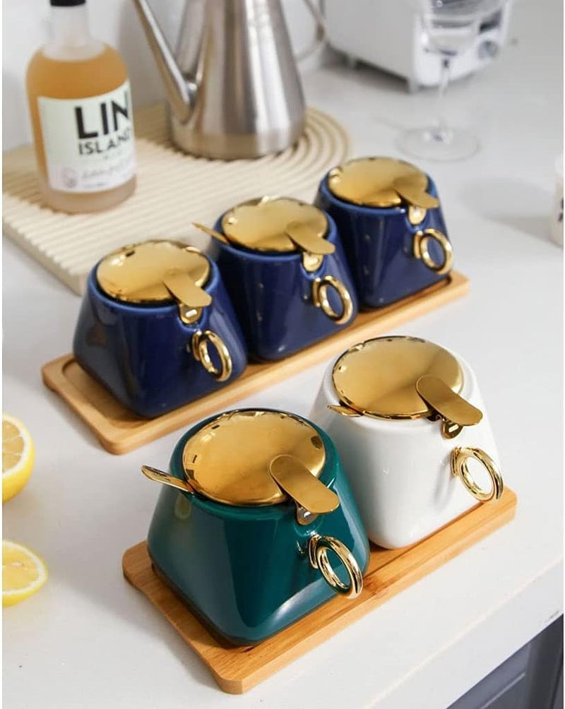Spice Jars Ceramic Seasoning Box Kitchen Seasoning Container Seasoning Box Spoon with Lid Seasoning Jar Seasoning Storage Box Suitable for Peppers Spices Sugar 3 Pieces Seasoning Containers(Blue) - Image 4
