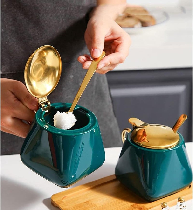 Spice Jars Ceramic Seasoning Box Kitchen Seasoning Container Seasoning Box Spoon with Lid Seasoning Jar Seasoning Storage Box Suitable for Peppers Spices Sugar 3 Pieces Seasoning Containers(Blue) - Image 5