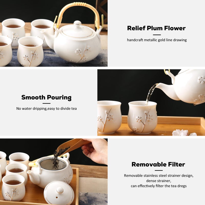 DUJUST Japanese Tea Pot, White Porcelain Chinese Teapot with Stainless Infuser, Cute Tea Pot for Adults, Tea Lover/Women/Men (Plum in Golden) - Image 3