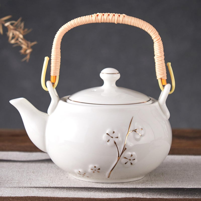 DUJUST Japanese Tea Pot, White Porcelain Chinese Teapot with Stainless Infuser, Cute Tea Pot for Adults, Tea Lover/Women/Men (Plum in Golden) - Image 1