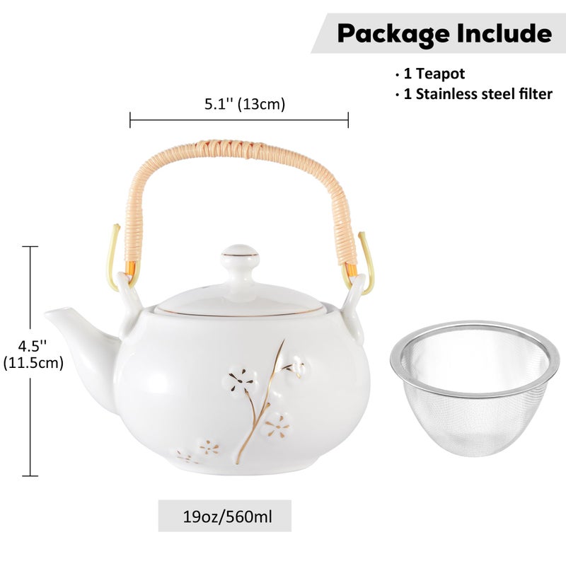 DUJUST Japanese Tea Pot, White Porcelain Chinese Teapot with Stainless Infuser, Cute Tea Pot for Adults, Tea Lover/Women/Men (Plum in Golden) - Image 5