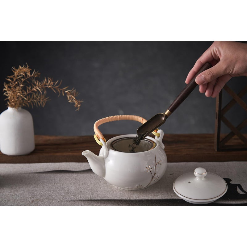 DUJUST Japanese Tea Pot, White Porcelain Chinese Teapot with Stainless Infuser, Cute Tea Pot for Adults, Tea Lover/Women/Men (Plum in Golden) - Image 2