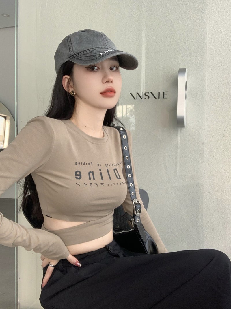 Tight Pure Skinny Spice Girl Letter Printed Long-Sleeved T-Shirt Women'S Slim-Fit Base Shirt Short Cropped Top - Image 4