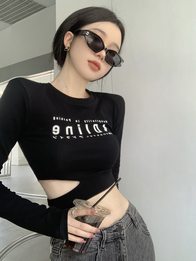 Tight Pure Skinny Spice Girl Letter Printed Long-Sleeved T-Shirt Women'S Slim-Fit Base Shirt Short Cropped Top - Image 3